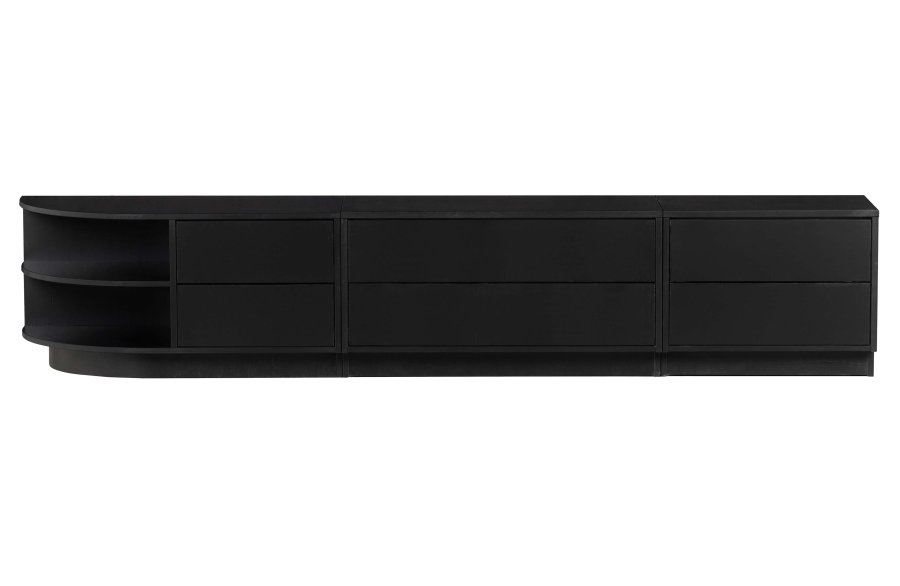 WOOOD EXCLUSIVE Finca TV-skab, rund, venstre, m. 2 push to open skuffer og 1 hylde - sort fyrretr