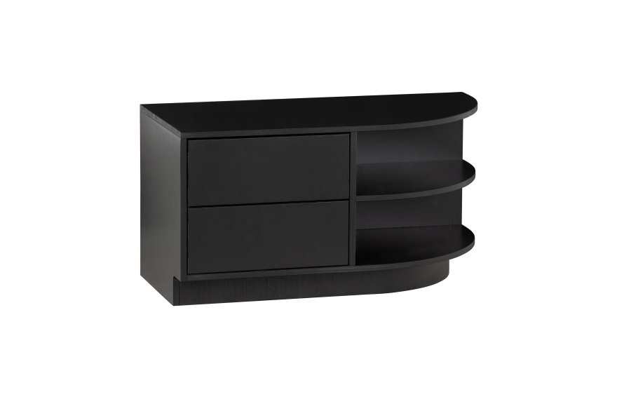 WOOOD EXCLUSIVE Finca TV-skab, rund, hjre, m. 2 push to open skuffer og 1 hylde - sort fyrretr