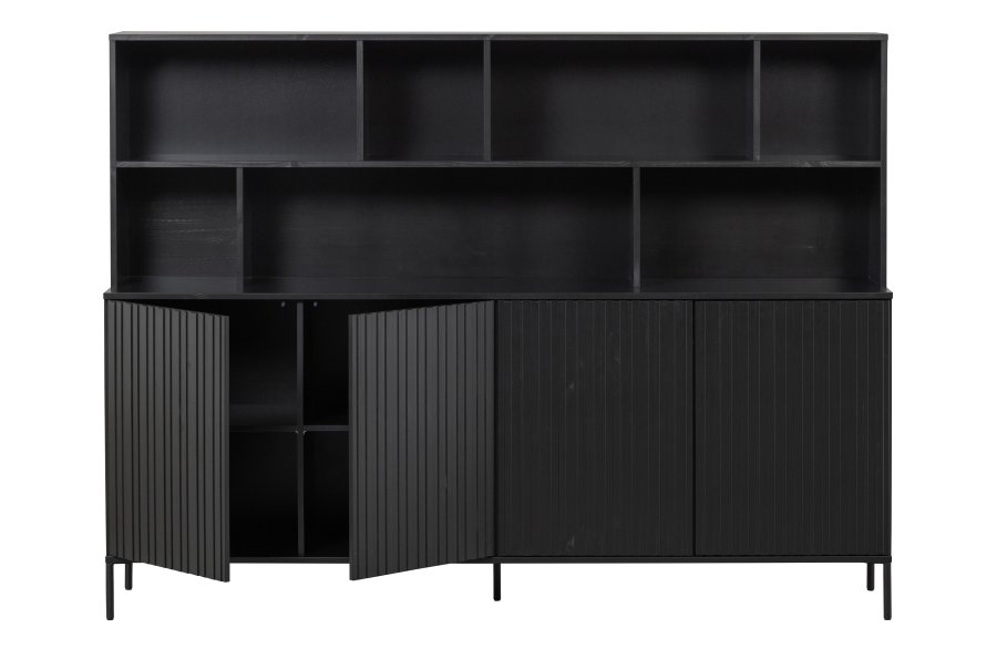 WOOOD EXCLUSIVE New Gravure skab, m. 4 push to open lger og hylder - sort fyrretr og sort metal