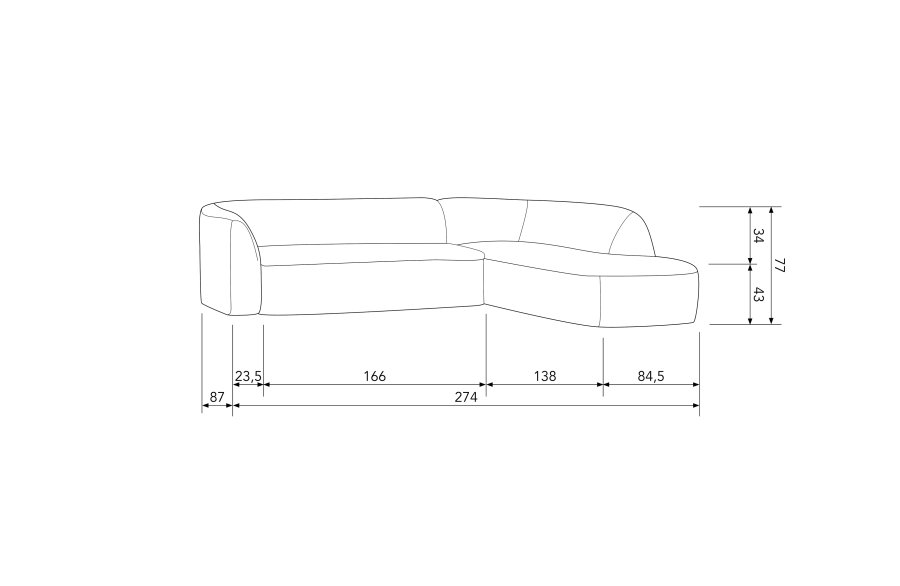 BEPUREHOME Sloping hjrnesofa, hjre - lysebrun melange chenille polyester
