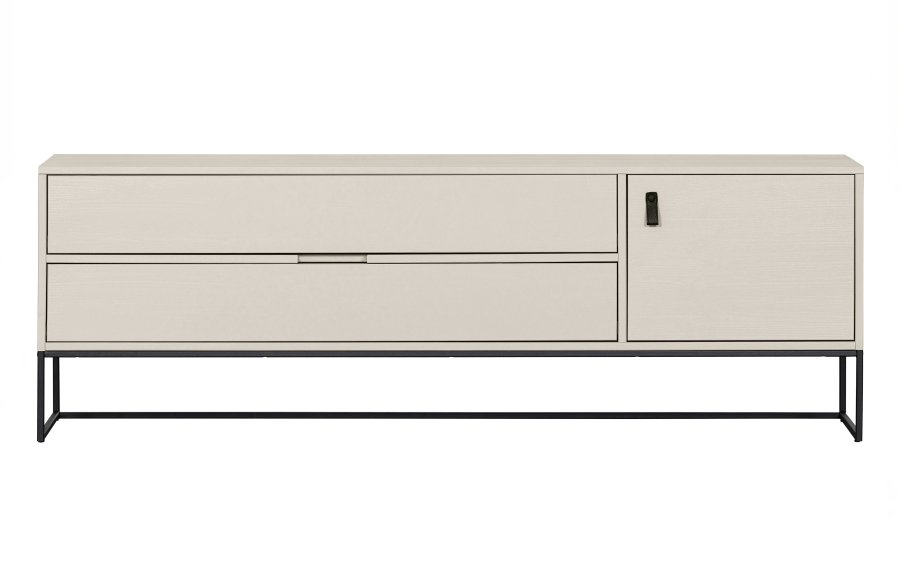 WOOOD Silas TV-bord, m. 1 lge, 1 hylde, 2 skuffer - dust (gr/sand) brstet fyrretr og sort metal