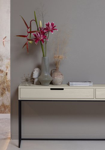 WOOOD Silas sidebord, m. 2 skuffer - dust (gr/sand) brstet fyrretr og sort metal (140x40)