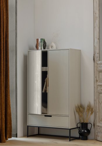 WOOOD Silas garderobeskab, 2 lger, 4 hylder, 1 skuffe - dust (gr/sand) brstet fyrretr og metal