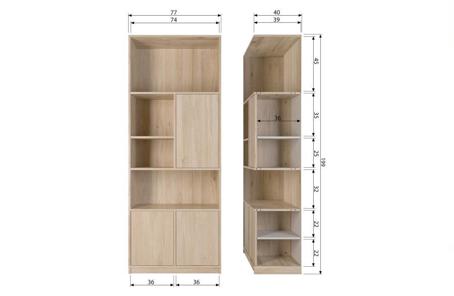 VTWONEN Modulair overskab, m. 3 push to open lger og hylder - natur mat egetrsfinér (77x40)