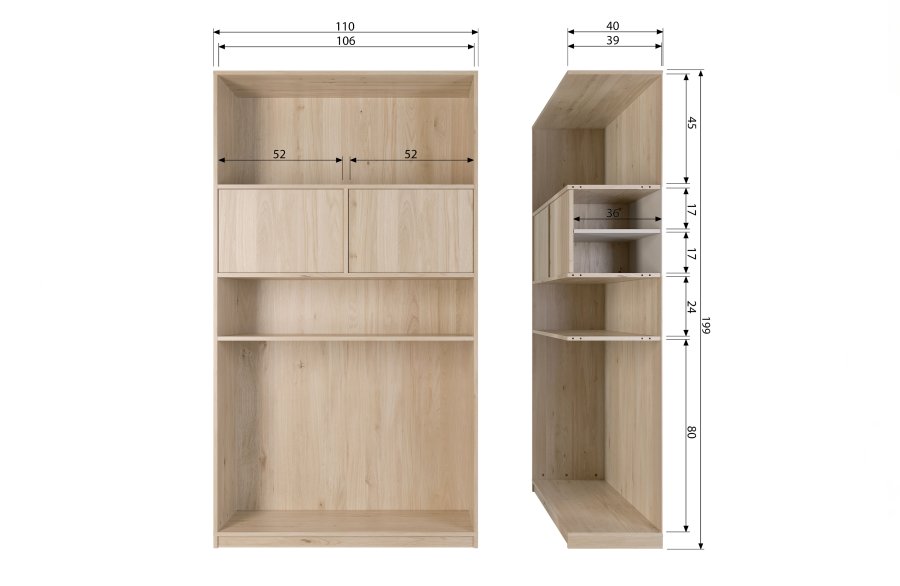 VTWONEN Modulair overskab, m. 2 push to open lger og hylder - natur mat egetrsfinér (110x40)
