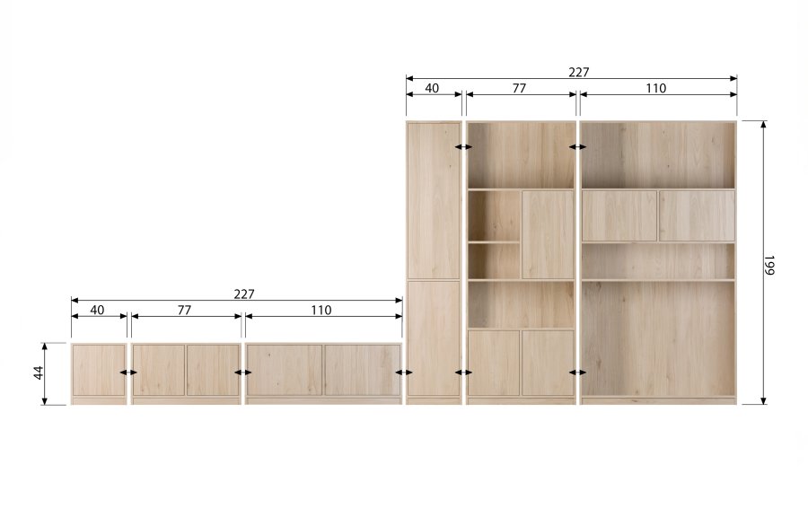 VTWONEN Modulair overskab, m. 2 push to open lger og hylder - natur mat egetrsfinér (110x40)