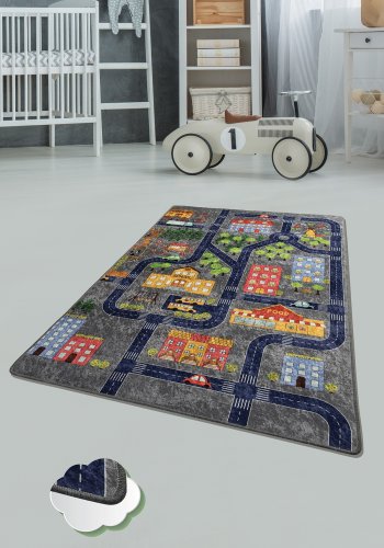 TEPPI Small Town gulvtppe til brn, rektangulr - multifarvet polyester (140x190)