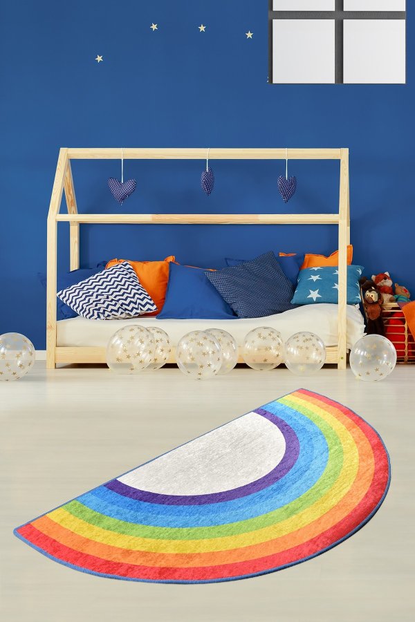 TEPPI Rainbow gulvtppe til brn, halvrund - multifarvet polyester (85x160)
