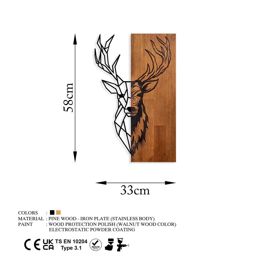 NORDVÄRK Rdhjort 1 vgdekoration, rektangulr - valnddefarvet tr og sort metal (58x33)