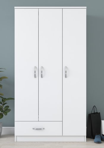 NORDVÄRK BA102 garderobeskab, m. 3 lger, 1 bjlestang, 1 skuffe, 5 hylder - hvid melamin