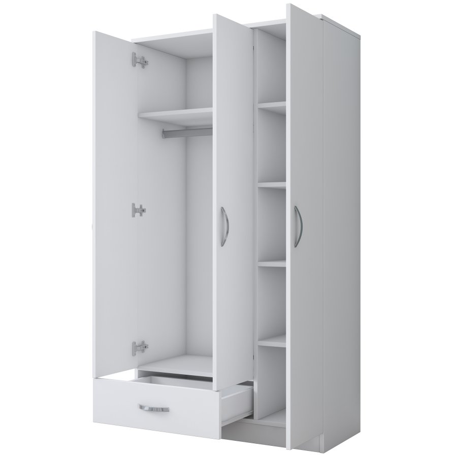 NORDVÄRK BA102 garderobeskab, m. 3 lger, 1 bjlestang, 1 skuffe, 5 hylder - hvid melamin