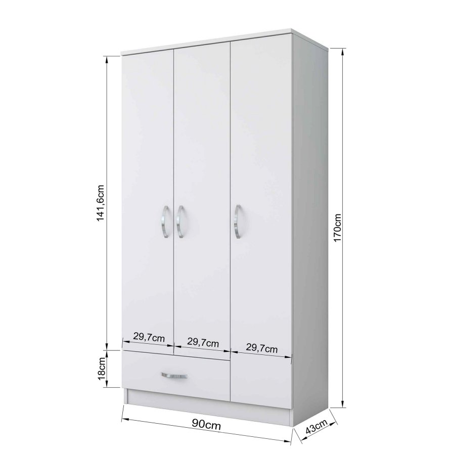 NORDVÄRK BA102 garderobeskab, m. 3 lger, 1 bjlestang, 1 skuffe, 5 hylder - hvid melamin