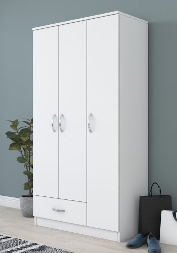 NORDVÄRK BA102 garderobeskab, m. 3 lger, 1 bjlestang, 1 skuffe, 5 hylder - hvid melamin