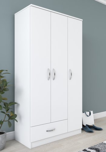 NORDVÄRK BA102 garderobeskab, m. 3 lger, 1 bjlestang, 1 skuffe, 5 hylder - hvid melamin