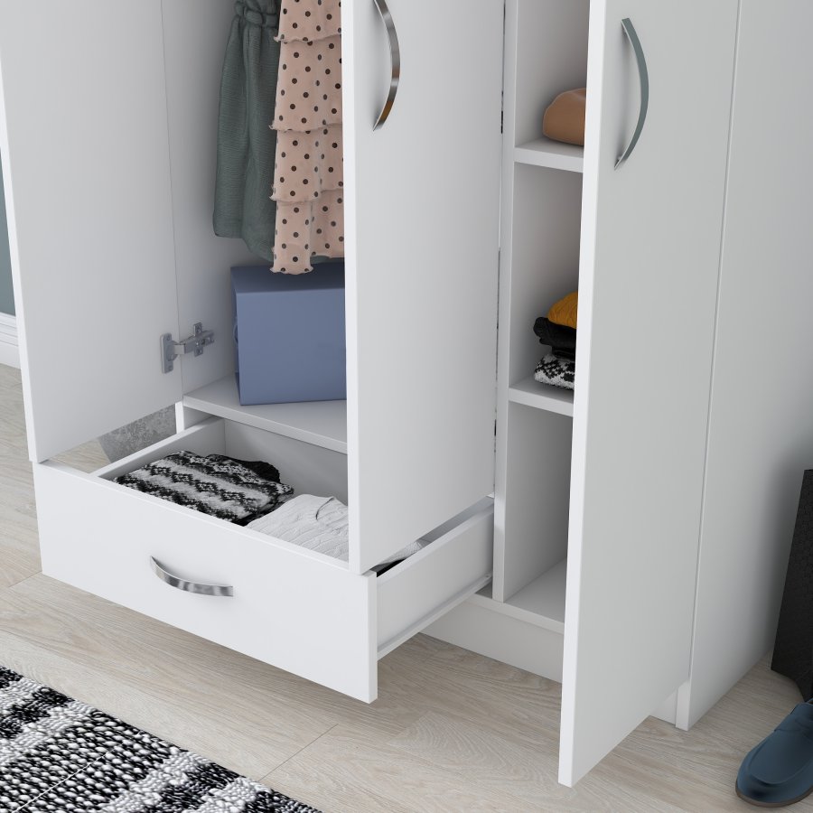 NORDVÄRK BA102 garderobeskab, m. 3 lger, 1 bjlestang, 1 skuffe, 5 hylder - hvid melamin