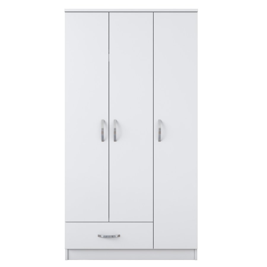 NORDVÄRK BA102 garderobeskab, m. 3 lger, 1 bjlestang, 1 skuffe, 5 hylder - hvid melamin