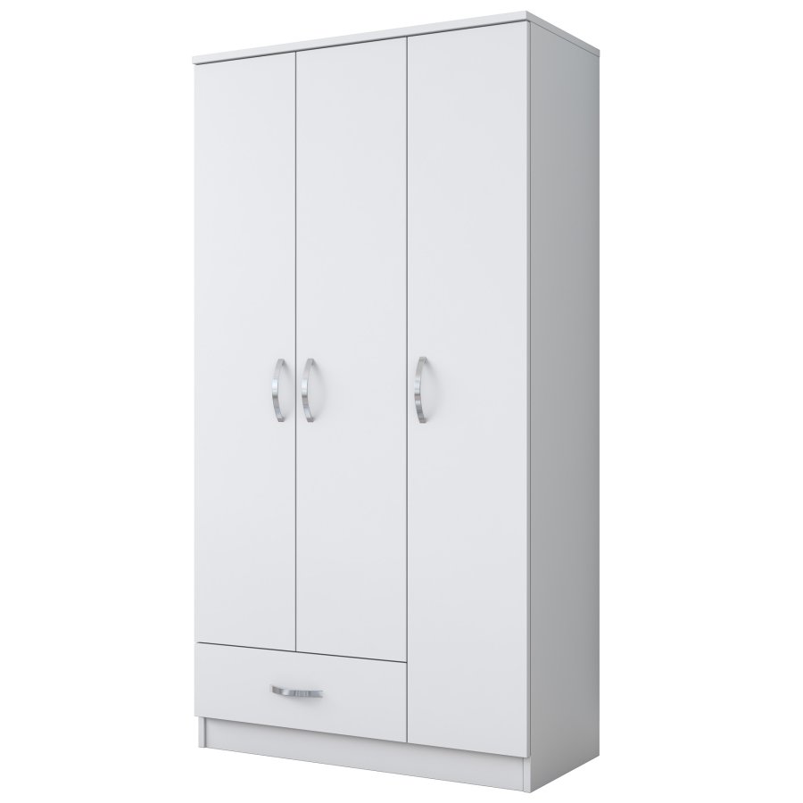 NORDVÄRK BA102 garderobeskab, m. 3 lger, 1 bjlestang, 1 skuffe, 5 hylder - hvid melamin