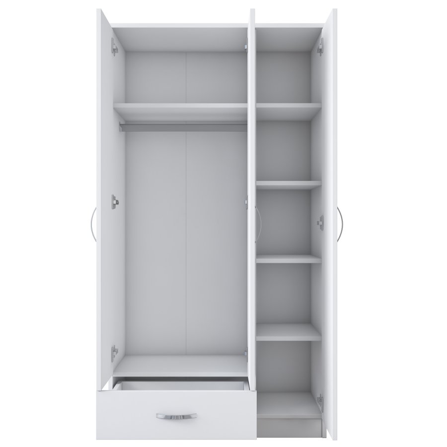 NORDVÄRK BA102 garderobeskab, m. 3 lger, 1 bjlestang, 1 skuffe, 5 hylder - hvid melamin