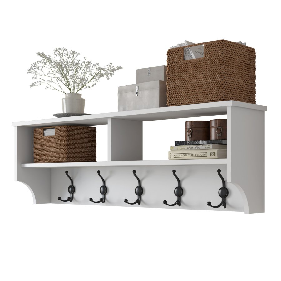 FUNZI LIVING P2 hattehylde, m. 5 knager - hvid melamin