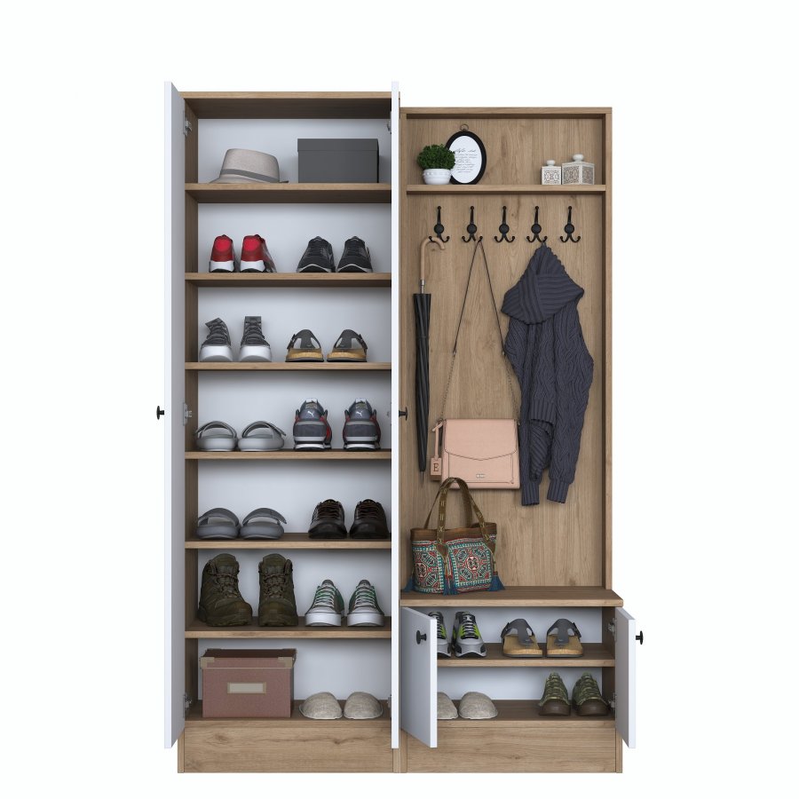 FUNZI LIVING P6 - M11 entrést, m. knager, 4 lger og 9 hylder - hvid og brun melamin