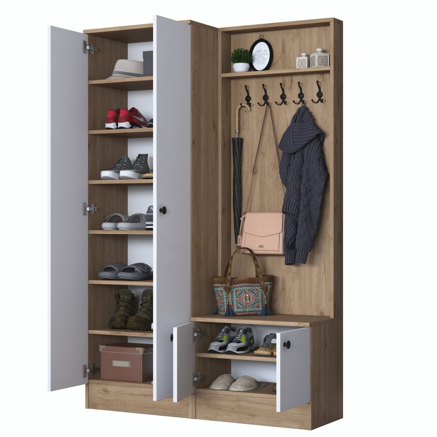 FUNZI LIVING P6 - M11 entrést, m. knager, 4 lger og 9 hylder - hvid og brun melamin