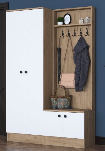 FUNZI LIVING P6 - M11 entrést, m. knager, 4 lger og 9 hylder - hvid og brun melamin