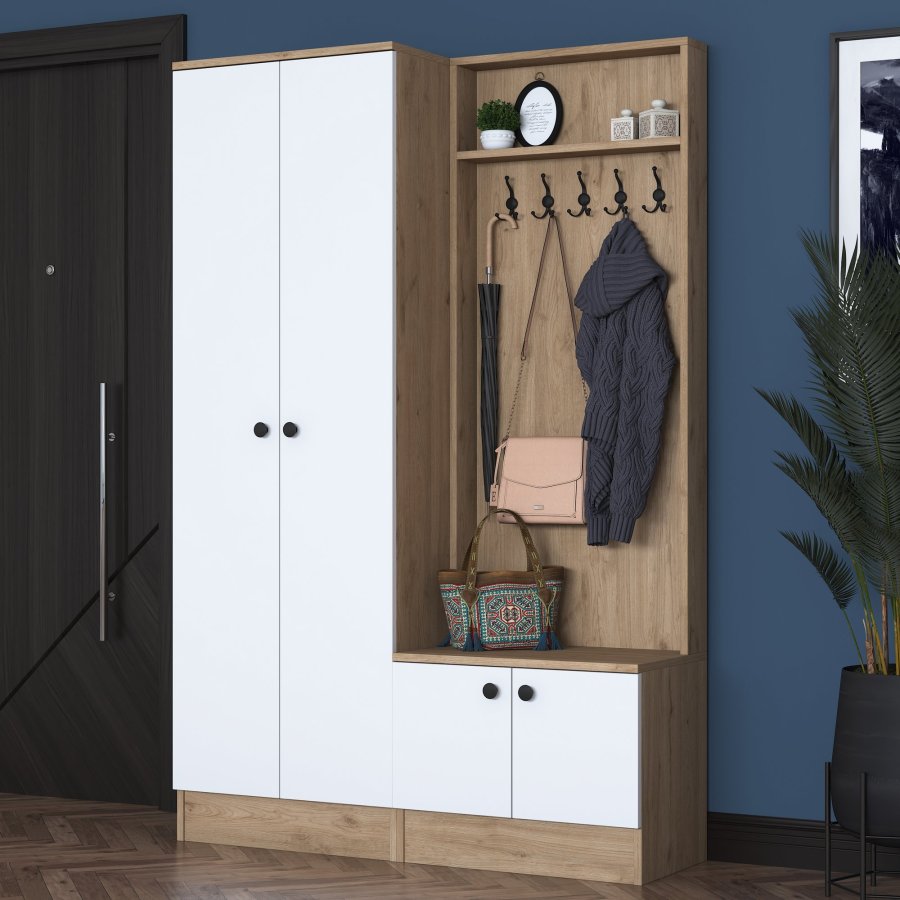 FUNZI LIVING P6 - M11 entrést, m. knager, 4 lger og 9 hylder - hvid og brun melamin