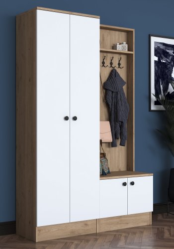 FUNZI LIVING P6 - M11 entrést, m. knager, 4 lger og 9 hylder - hvid og brun melamin