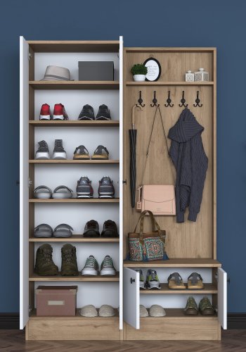 FUNZI LIVING P6 - M11 entrést, m. knager, 4 lger og 9 hylder - hvid og brun melamin