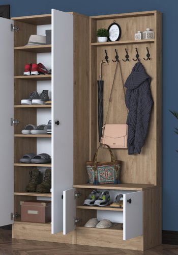 FUNZI LIVING P6 - M11 entrést, m. knager, 4 lger og 9 hylder - hvid og brun melamin