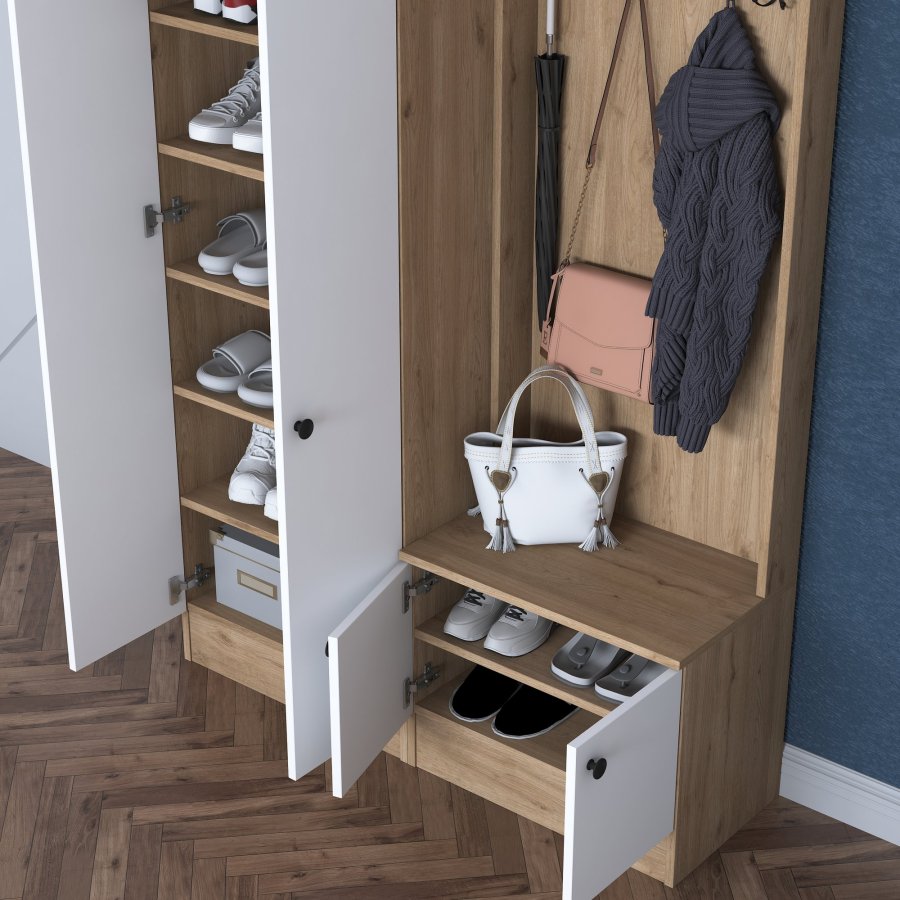 FUNZI LIVING P6 - M11 entrést, m. knager, 4 lger og 9 hylder - hvid og brun melamin