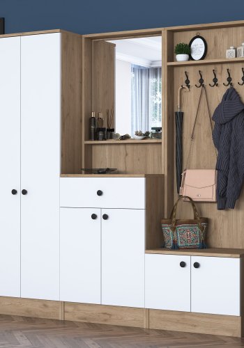 FUNZI LIVING P6 - M3 entrést, m. knager, spejl, 6 lger, 1 skuffe, 5 hylder - hvid og brun melamin