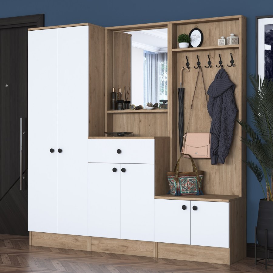 FUNZI LIVING P6 - M3 entrést, m. knager, spejl, 6 lger, 1 skuffe, 5 hylder - hvid og brun melamin