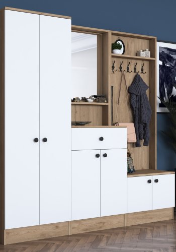 FUNZI LIVING P6 - M3 entrést, m. knager, spejl, 6 lger, 1 skuffe, 5 hylder - hvid og brun melamin