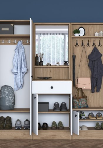 FUNZI LIVING P6 - M3 entrést, m. knager, spejl, 6 lger, 1 skuffe, 5 hylder - hvid og brun melamin