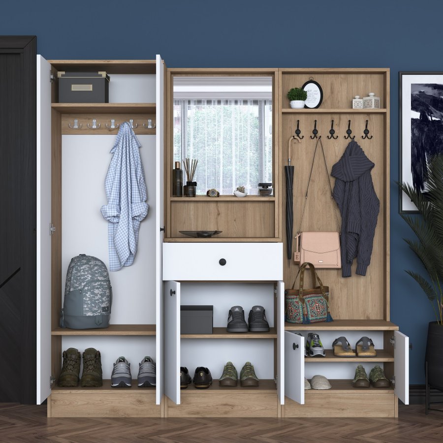 FUNZI LIVING P6 - M3 entrést, m. knager, spejl, 6 lger, 1 skuffe, 5 hylder - hvid og brun melamin