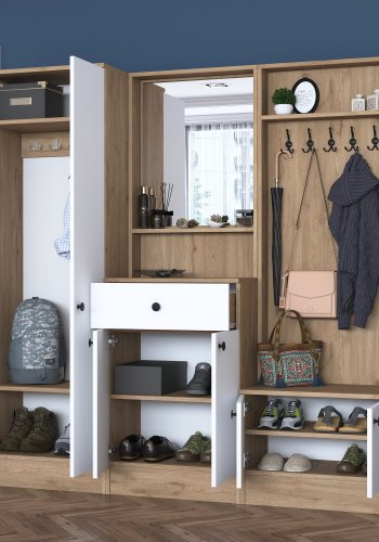 FUNZI LIVING P6 - M3 entrést, m. knager, spejl, 6 lger, 1 skuffe, 5 hylder - hvid og brun melamin