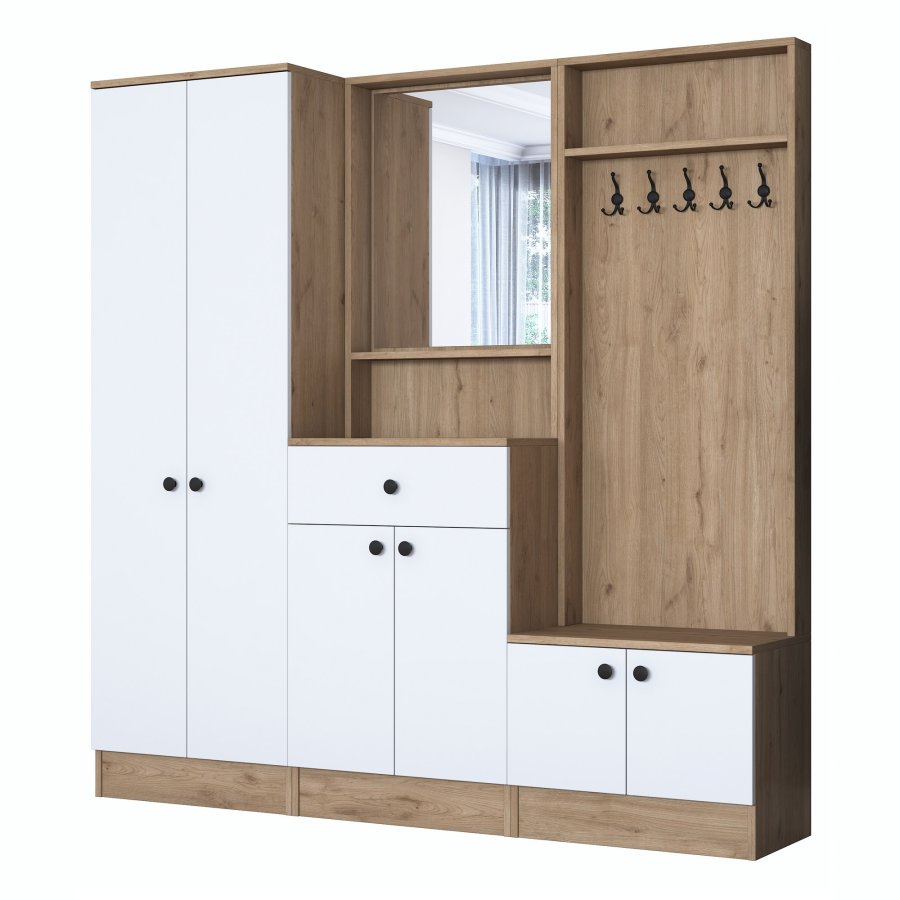 FUNZI LIVING P6 - M3 entrést, m. knager, spejl, 6 lger, 1 skuffe, 5 hylder - hvid og brun melamin