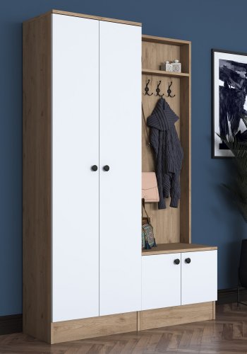 FUNZI LIVING P6 - M5 entrést, m. knager, 4 lger og 5 hylder - hvid og brun melamin