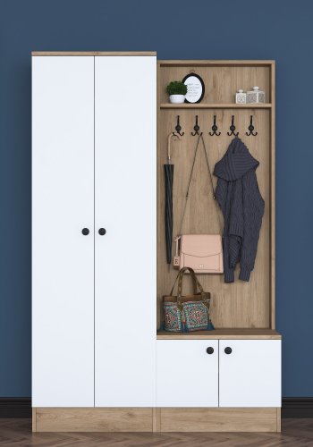 FUNZI LIVING P6 - M5 entrést, m. knager, 4 lger og 5 hylder - hvid og brun melamin