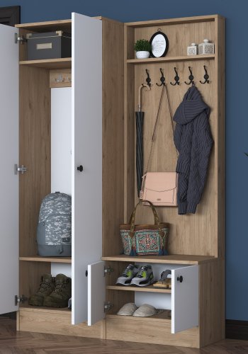 FUNZI LIVING P6 - M5 entrést, m. knager, 4 lger og 5 hylder - hvid og brun melamin