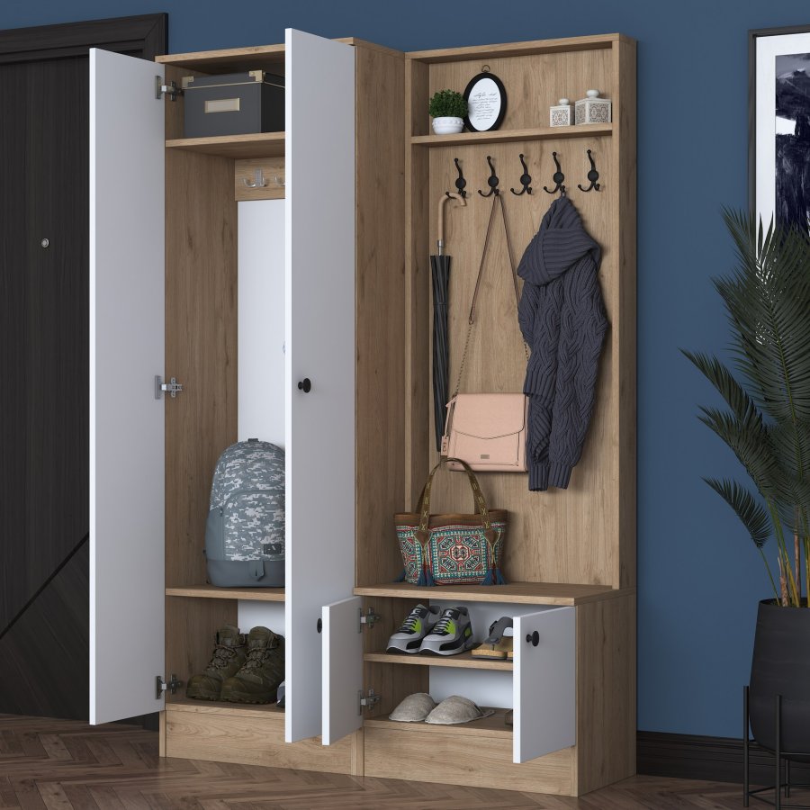 FUNZI LIVING P6 - M5 entrést, m. knager, 4 lger og 5 hylder - hvid og brun melamin