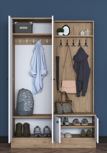 FUNZI LIVING P6 - M5 entrést, m. knager, 4 lger og 5 hylder - hvid og brun melamin