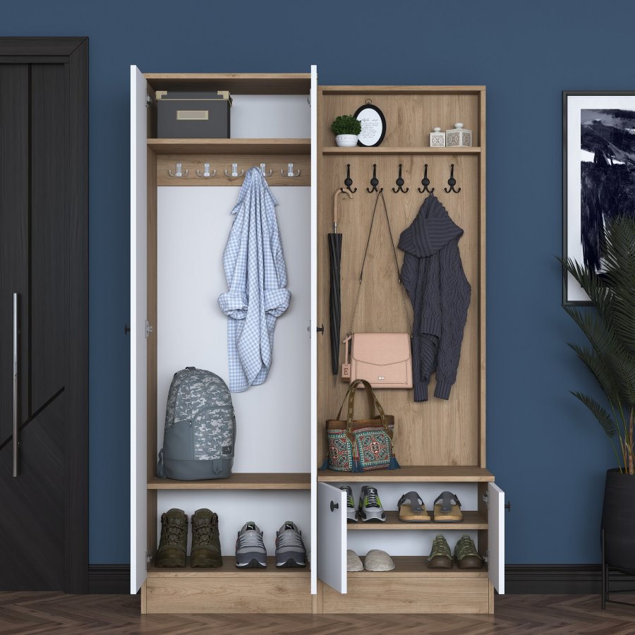 FUNZI LIVING P6 - M5 entrést, m. knager, 4 lger og 5 hylder - hvid og brun melamin