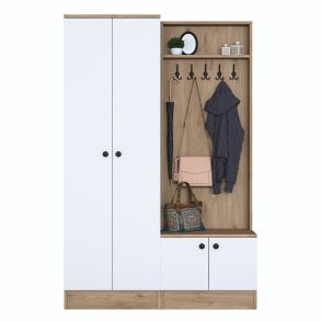 FUNZI LIVING P6 - M5 entrést, m. knager, 4 lger og 5 hylder - hvid og brun melamin