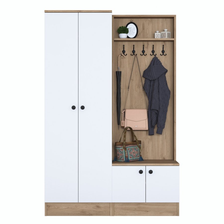 FUNZI LIVING P6 - M5 entrést, m. knager, 4 lger og 5 hylder - hvid og brun melamin