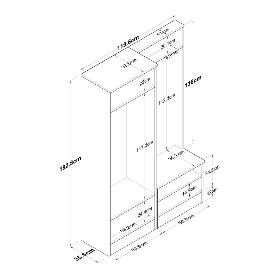 FUNZI LIVING P6 - M5 entrést, m. knager, 4 lger og 5 hylder - hvid og brun melamin
