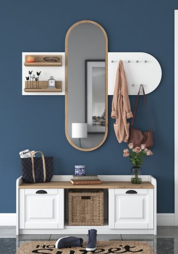 FUNZI LIVING EE101 entrést, m. knagerkke, spejl og skab - hvid og valndfarvet melamin