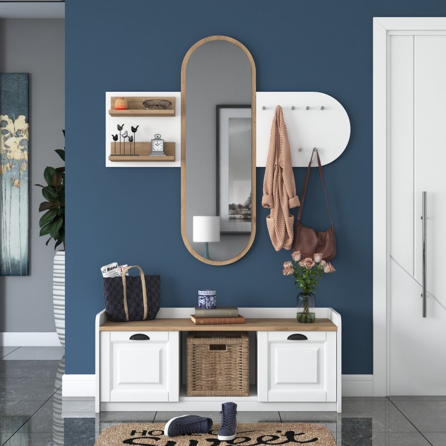 FUNZI LIVING EE101 entrést, m. knagerkke, spejl og skab - hvid og valndfarvet melamin