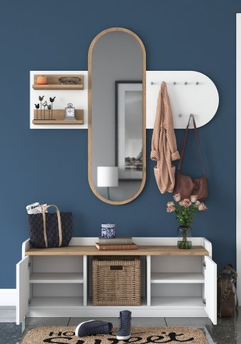 FUNZI LIVING EE101 entrést, m. knagerkke, spejl og skab - hvid og valndfarvet melamin